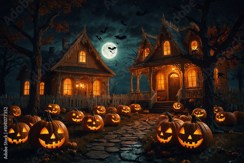 3d Halloween render haunted house moon night pumpkin