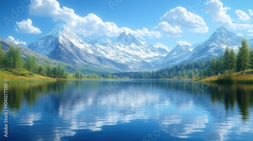 Scenic mountain landscape with a tranquil lake and blue sky.