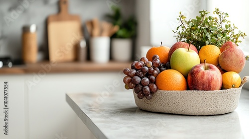 Basket of mixed fruits including apples, grapes, and oranges on a kitchen counter, cozy and fresh