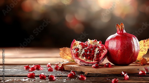 Closeup of a cutopen pomegranate with seeds scattered, deep red tones, rich and vivid concept photo