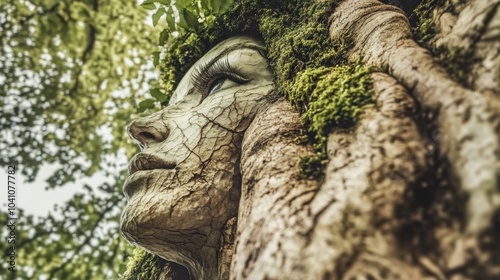 Close-up of a tree-like face sculpture covered with moss, blending seamlessly into a natural setting with lush green foliage.