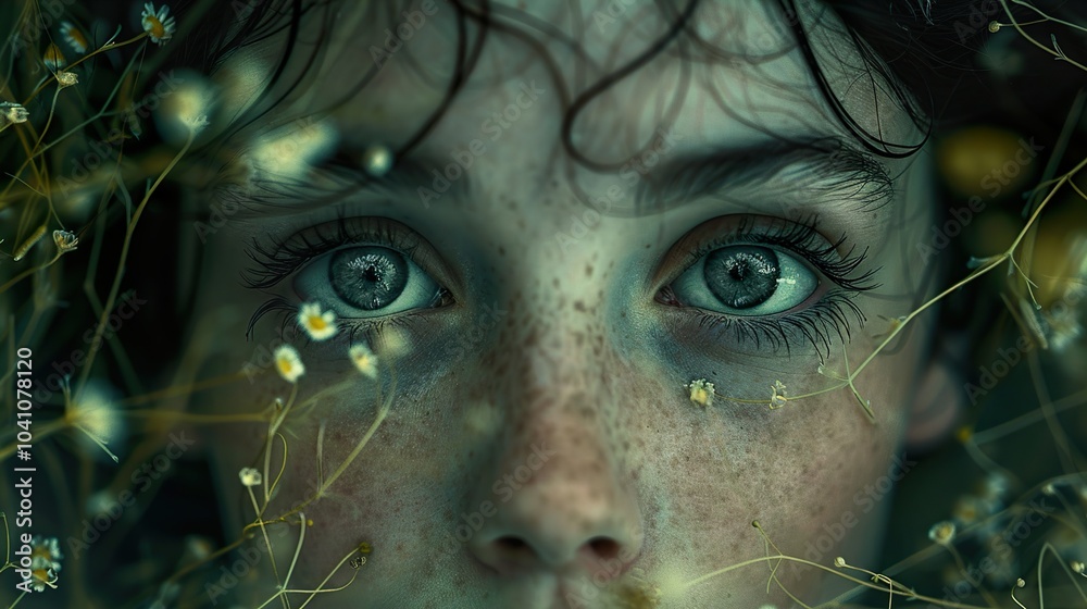 Close Up Portrait of a Woman's Eyes with Daisies Close Up Portrait of a Woman's Eyes with Daisies