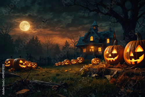 3d Halloween render haunted house moon night pumpkin