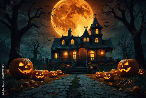 3d Halloween render haunted house moon night pumpkin