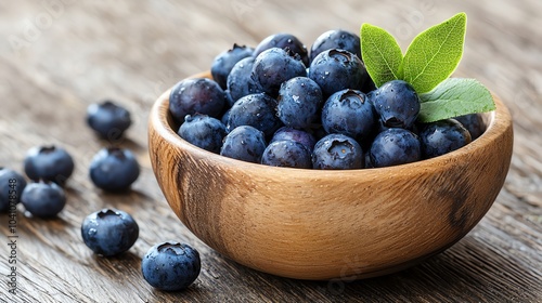 Freshly washed blueberries in a wooden bowl on a rustic surface, clean and natural presentation