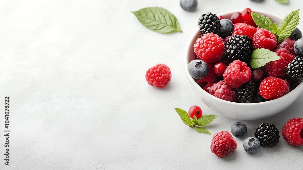 Overhead shot of mixed berries on a white background, clean, fresh, and bursting with flavor