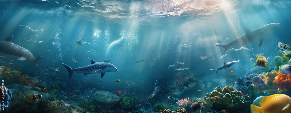 Fototapeta premium Sunlit Waves: Diverse Marine Life