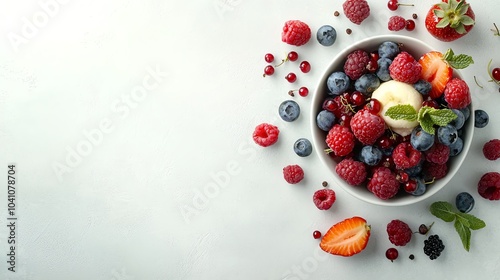 Overhead shot of mixed berries on a white background, clean, fresh, and bursting with flavor