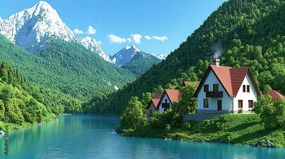 Idyllic Mountain Village Houses by River and Lake Scenic Landscape Idyllic Mountain Village Houses by River and Lake Scenic Landscape