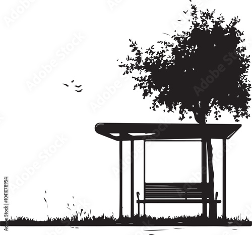 illustration of bus stop with tree