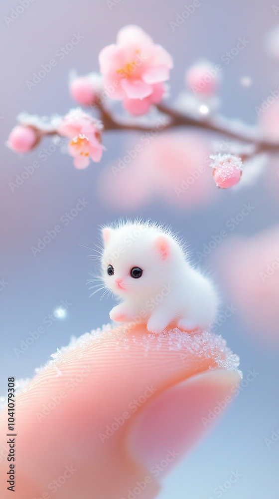 A small white kitten sits on a finger, looking up at a pink flower. The kitten is covered in a light dusting of snow, creating a delicate and whimsical scene. A small white kitten sits on a finger, looking up at a pink flower. The kitten is covered in a light dusting of snow, creating a delicate and whimsical scene.