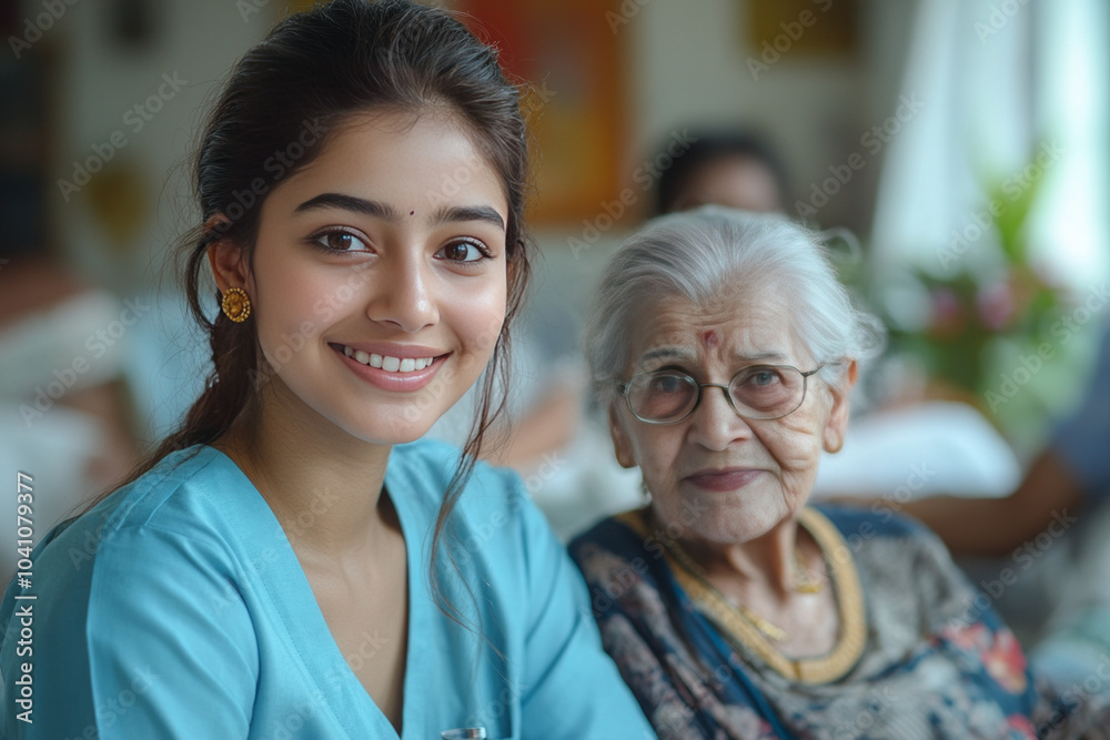 a charming young indian home care lady in light blue uniform giving a glass of water to elderly women