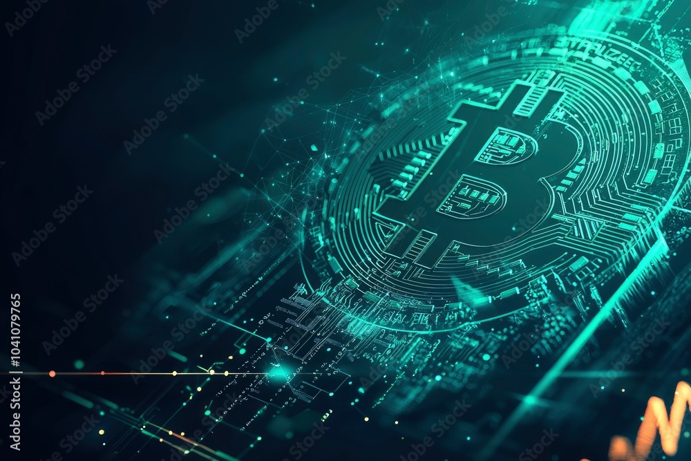 Fototapeta premium Digital Illustration of Bitcoin Symbol with Circuit Board Pattern and Network Connections