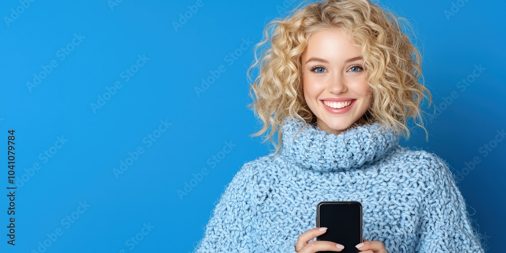 Fototapeta premium Happy Young Woman Holding Smartphone Blue Background Portrait