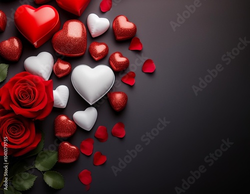 Elegant arrangement of red and white roses with hearts, perfect for Valentine's Day or romantic occasions