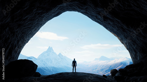 silhouette of person stands inside cave, gazing at breathtaking view of snow capped mountains and clear blue sky. scene evokes sense of wonder and exploration