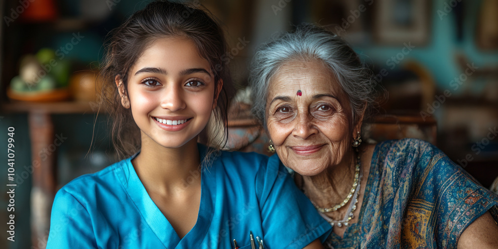 A young Indian girl is taking care of an elderly person in the caregiver's home in a luxurious room. A young Indian girl is taking care of an elderly person in the caregiver's home in a luxurious room.