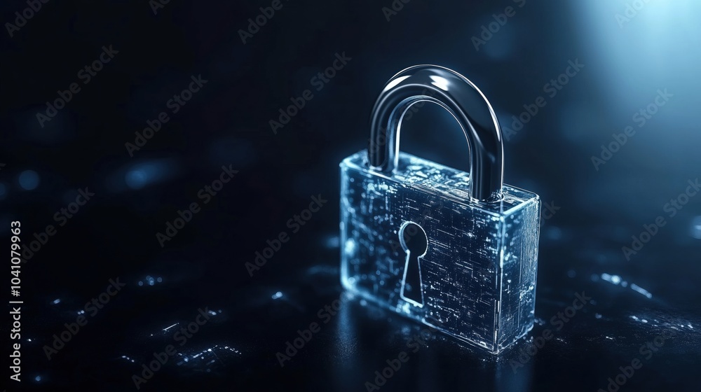 Transparent padlock, digital security concept, glowing background