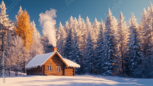 A secluded wooden cabin nestled amidst tall snow-dusted trees smoke rising from its chimney into the clear winter sky