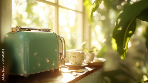 Vintage toaster and teacup bask in warm morning sunlight by a window, AI photo