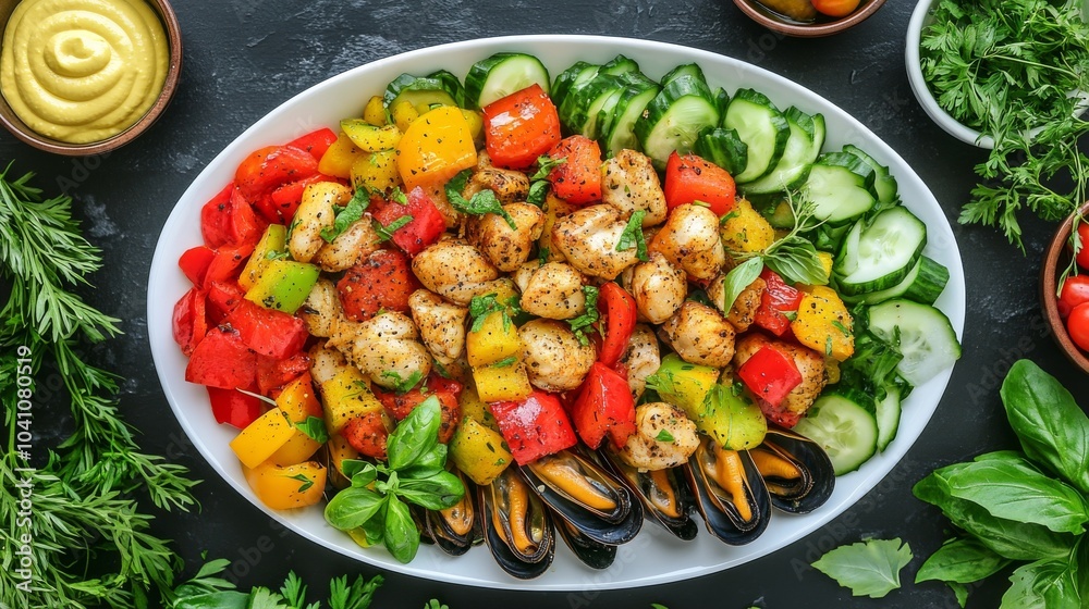 Una ensalada colorida con pollo asado, mejillones y una mezcla de pimientos, pepinos y hierbas frescas, dispuesta en una bandeja blanca.
Una ensalada colorida con pollo asado, mejillones y una mezcla de pimientos, pepinos y hierbas frescas, dispuesta en una bandeja blanca.