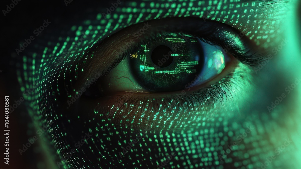 Human eye close-up on green tech background, hacker face and digital data pattern. Concept of cyber security, technology, future, hack, network, Human eye close-up on green tech background, hacker face and digital data pattern. Concept of cyber security, technology, future, hack, network,