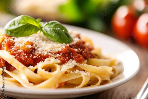 Plate of vegan pasta with fresh tomato sauce, basil, and grated vegan cheese