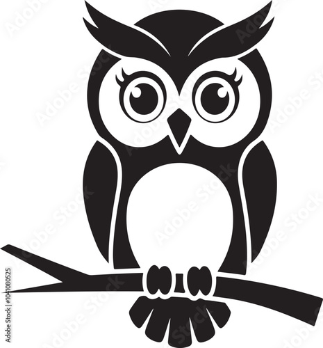 A black and white logo type owl on a branch, silhouette vector