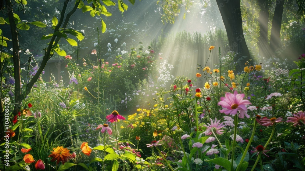 Obraz premium Lush Garden with Vibrant Blooming Flowers