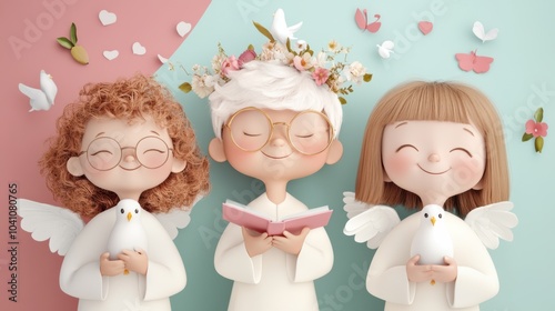 Three joyful children dressed as angels hold doves, surrounded by butterflies and flowers, AI