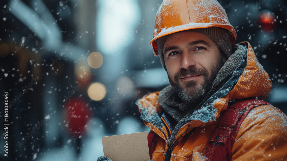 construction worker on a building site. He is wearing a hard hat and holding a Christmas card in his hand