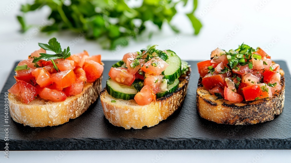Tostadas con tomate, pepino y hierbas frescas sobre pan crujiente, presentadas sobre una tabla de pizarra.
Tostadas con tomate, pepino y hierbas frescas sobre pan crujiente, presentadas sobre una tabla de pizarra.