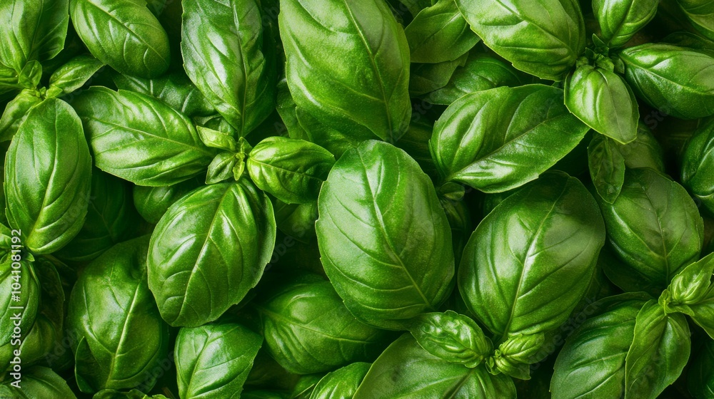 Lush basil leaves thrive in a garden, reflecting sunlight with their glossy texture. The vibrant greens create a refreshing visual appeal in the morning light Lush basil leaves thrive in a garden, reflecting sunlight with their glossy texture. The vibrant greens create a refreshing visual appeal in the morning light