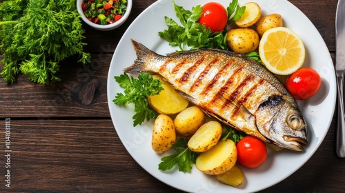  Un plato con pescado a la parrilla acompañado de papas, tomates frescos, perejil y rodajas de limón. 