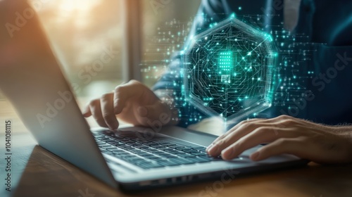 Man working on a laptop with advanced cyber security shield, ensuring the protection of sensitive data and securing the digital environment against potential threats.