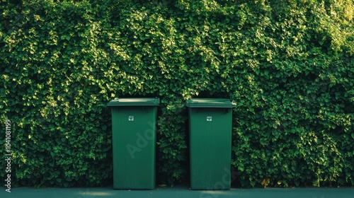 Two green trash bins against a lush green wall of ivy.