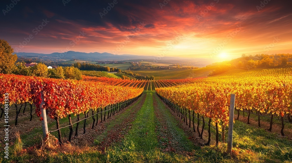 Fototapeta premium Vibrant vineyard rows with golden leaves at sunset.