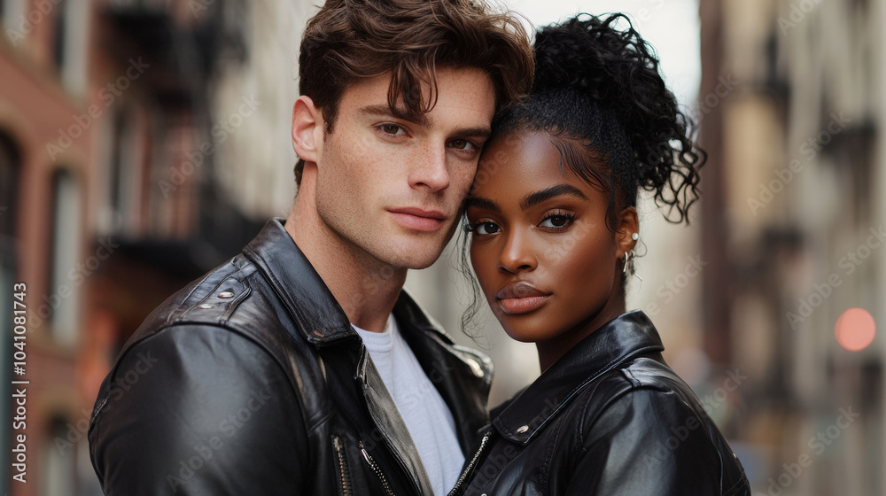 Embracing in stylish urban setting, tall man with brown hair and woman with curly hair showcase modern fashion in matching leather jackets. Their confident expressions reflect strong bond Embracing in stylish urban setting, tall man with brown hair and woman with curly hair showcase modern fashion in matching leather jackets. Their confident expressions reflect strong bond