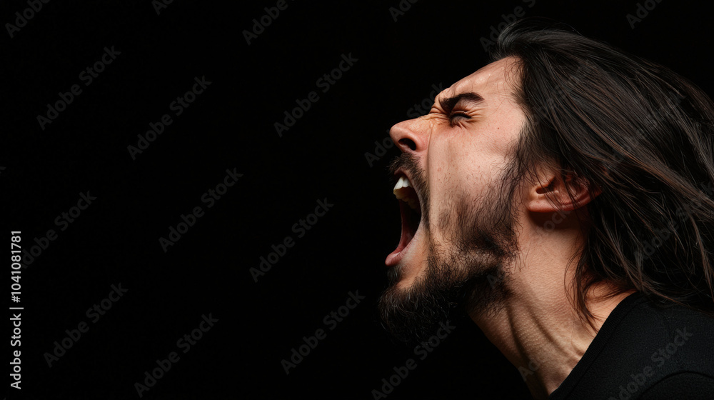 Fototapeta premium side view of angry man with long hair and beard, expressing intense emotion. His facial features convey strong sense of frustration and power