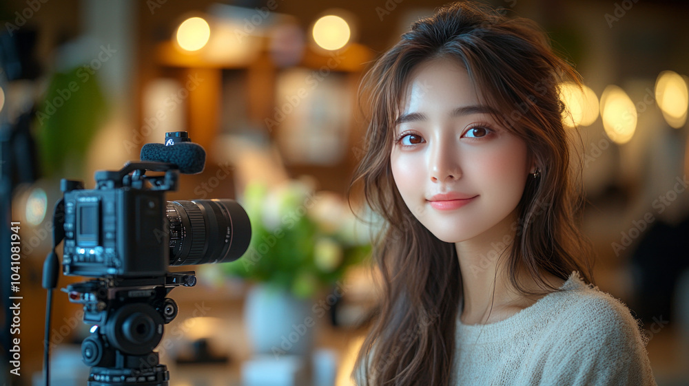 asian vlogger sets up her filming area, carefully arranging trendy skincare products on a sleek table while recording asian vlogger sets up her filming area, carefully arranging trendy skincare products on a sleek table while recording