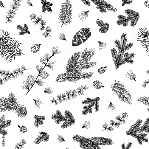Seamless pattern background with winter christmas holly, spruce branches, twigs with leaves, berries. Floral botanical elements. Hand drawn line vector illustration.