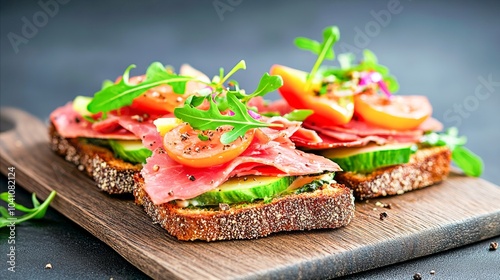  Tostadas integrales con rodajas de roast beef, pepino, tomate y hojas verdes frescas, servidas sobre una tabla de madera.
 photo