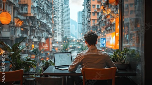 A digital nomad working from a small cafe in a bustling city, with views of skyscrapers