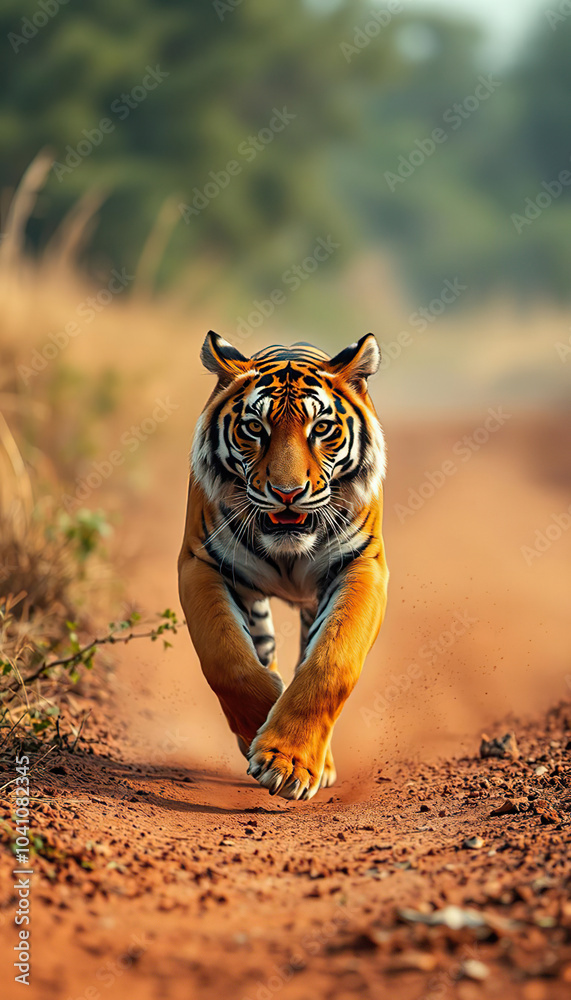 Fototapeta premium A tiger is walking on a dirt road
