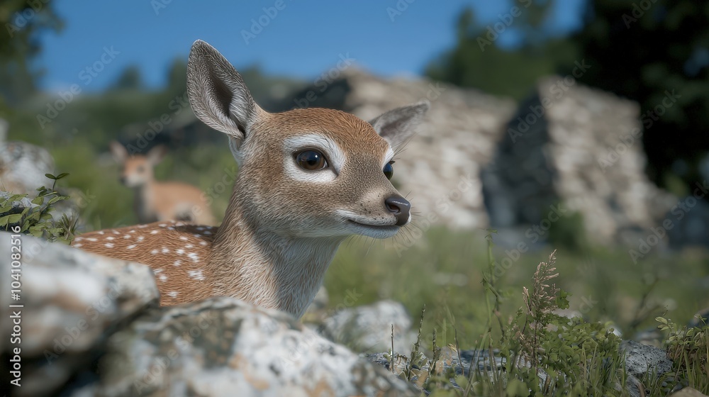 Cute Fawn Hiding in Rocks with Blurred Background Wildlife Photography Nature Animal Po Cute Fawn Hiding in Rocks with Blurred Background Wildlife Photography Nature Animal Po