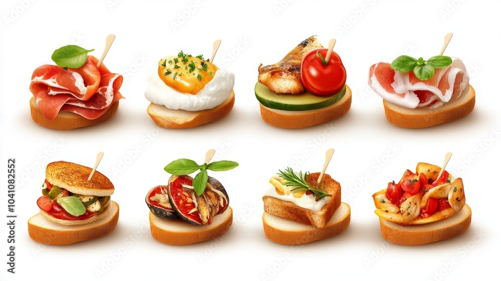 Una variedad de tapas sobre pan tostado, con ingredientes como jamón, queso, vegetales y mariscos, todas decoradas con hierbas frescas.
Una variedad de tapas sobre pan tostado, con ingredientes como jamón, queso, vegetales y mariscos, todas decoradas con hierbas frescas.