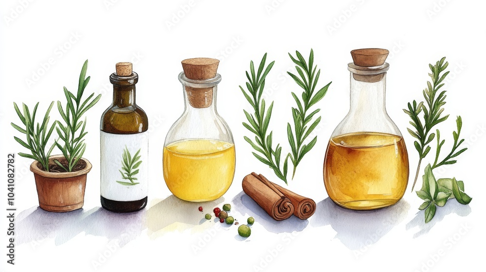 Botellas de aceite de oliva y hierbas frescas, acompañadas de ramitas de romero y canela en una presentación rústica.
Botellas de aceite de oliva y hierbas frescas, acompañadas de ramitas de romero y canela en una presentación rústica.