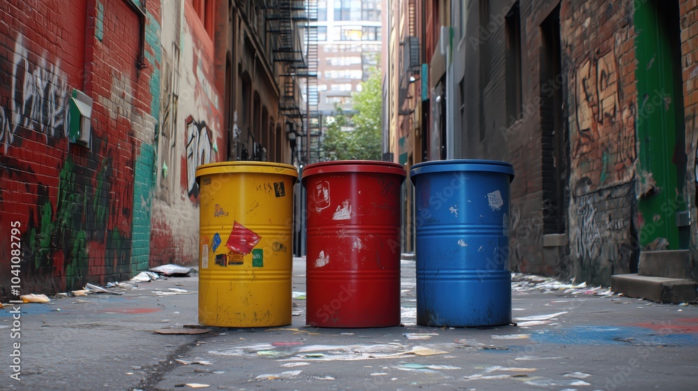 Colorful trash bins in urban alleyway, graffiti-covered walls, littered ground Colorful trash bins in urban alleyway, graffiti-covered walls, littered ground