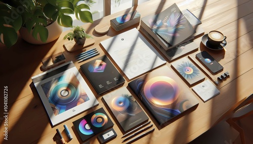 Company branding materials like brochures, cards, and flyers.