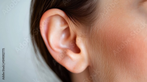 Close-up view of a human ear with subtle skin tones and detailed texture. photo